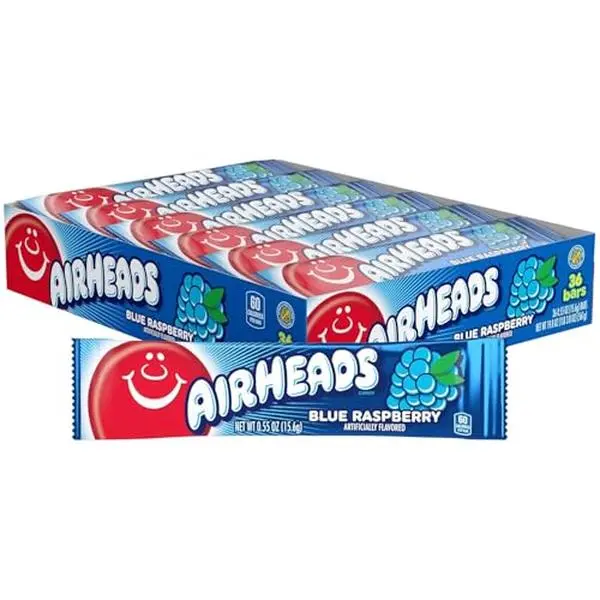 Airheads Full-Size Candy Bars, Taffy Candy Pack, Individually Wrapped Bulk Candy, Blue Raspberry Flavor Artificially Flavored, 36 Count Box