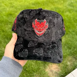 Devil's Hat - Black Velvet Baseball Cap with Red Devil Design and Skull Patterns