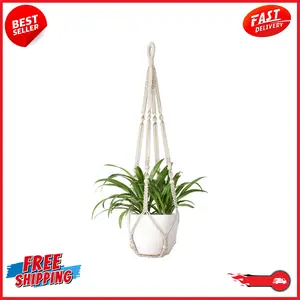 Macrame Plant Hanger Indoor Hanging Planter Basket with Wood Beads Decorative Flower Pot Holder. Home Decor 35 Inch, Ivory, Set of 1