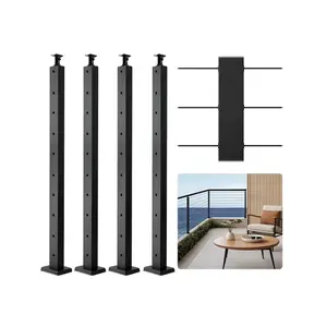 【fathersdaygift】VEVOR 4-Pack Cable Railing Post,36x1x2 In Horizontal-Hole Deck Railing Post with Pre-Drilled HolesStainless Steel Cable Rail Post with Horizontal and Curved BracketBlack