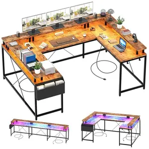 Brown U Shaped Computer Gaming Desk with Power Outlets & USB Ports, LED Strip and Monitor Stand, Reversible L Shaped Desk with Storage Shelves for Home Office