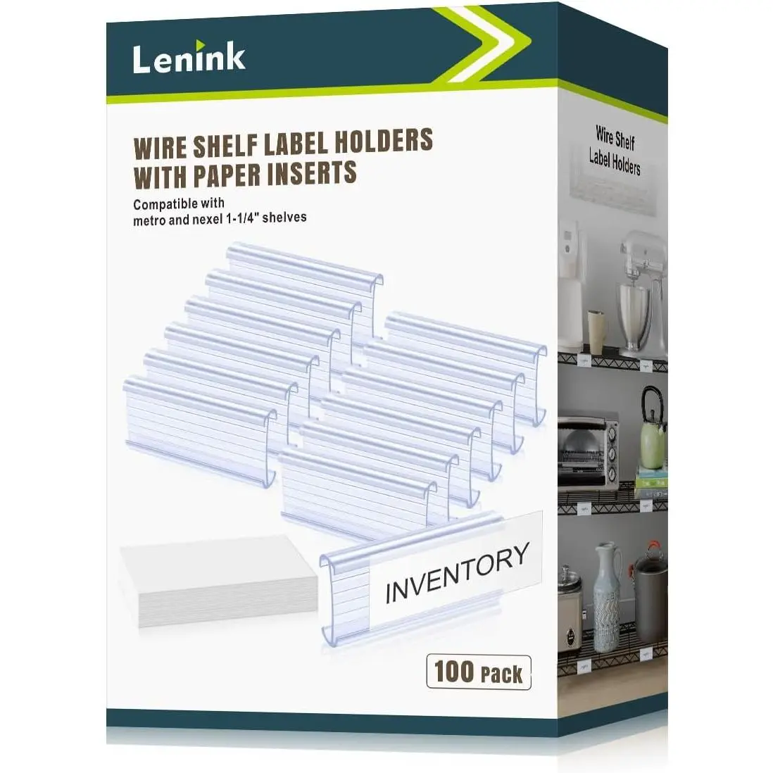 Lenink 100Pcs Wire Shelf Label Holders with 100Pcs Label Paper Inserts, Plastic Wire Rack Label Holder Compatible with Metro and Nexel 1-1/4in Shelves, Label Area 3in Lx1.25in H