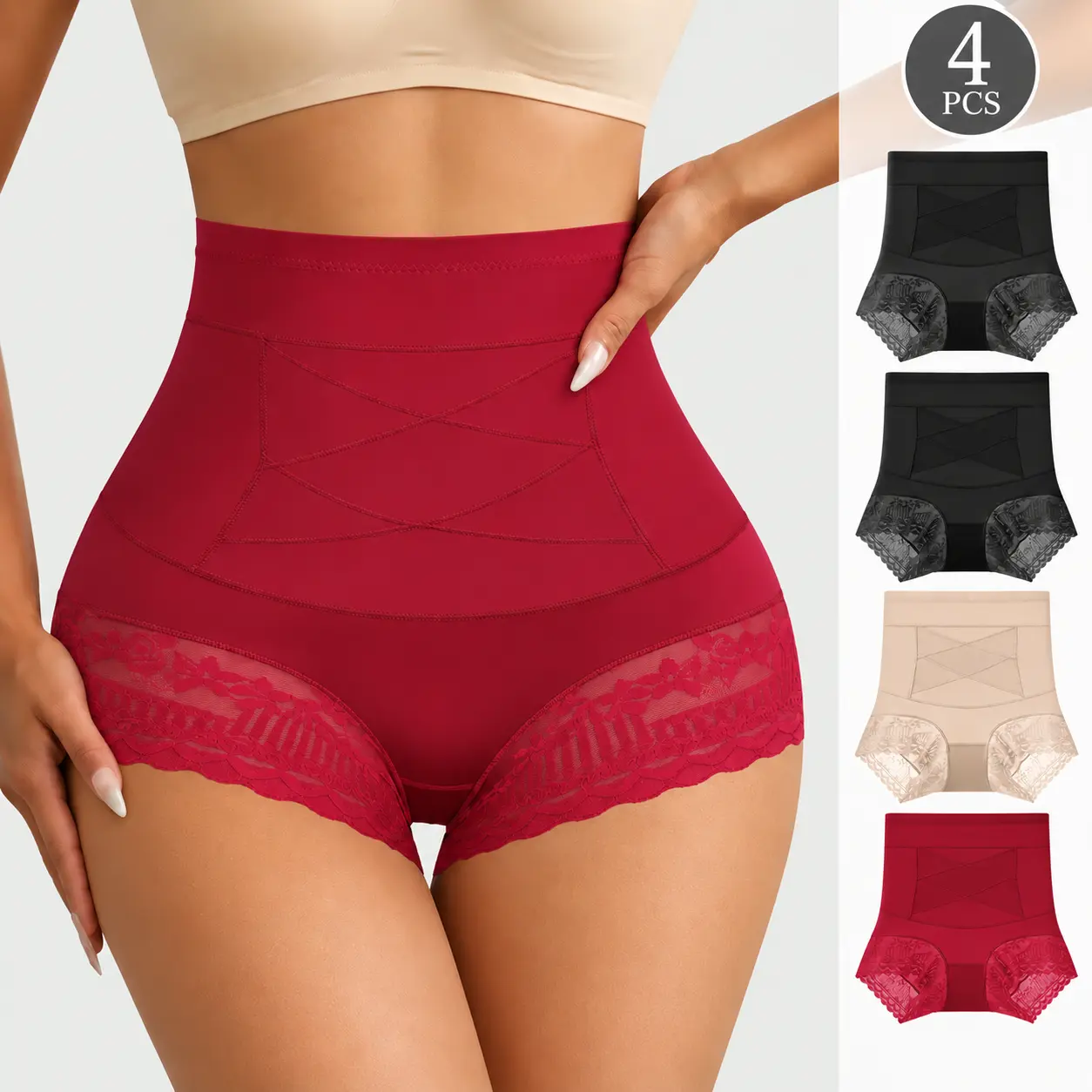 QUASTI Women's 4-Pack High-Waisted Lace Panties, Basic Elegance Flat Smooth Tummy Control Hip-Lifting Seamless No Show Full Coverage Crisscross Briefs, Soft Breathable Stretchy Everyday Underwear for Women, S-XXL