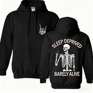 Sleep Deprived Hoodie White Skeleton Design Barely Alive Graphic Hooded Sweatshirt for Sleep Deprived Style