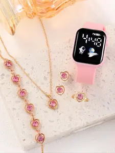 Girls' Space Theme Wristwatch Watch Set, Silicone Strap & Jewelry Gift, Perfect for School Graduation, Cute Casual Design, 6-Piece Set