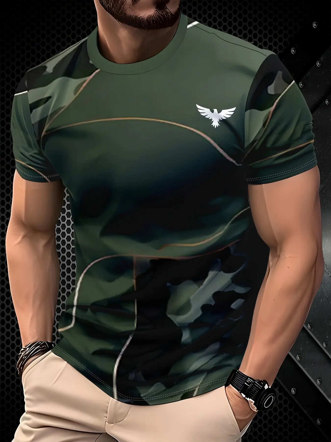 Men's Camo Short Sleeve T-Shirt, Fitted Round Neck Sportswear, Graphic Breathable Quick-Dry Gym Top, Casual Workout Tops, Casual All Seasons, Casual Sporty Top