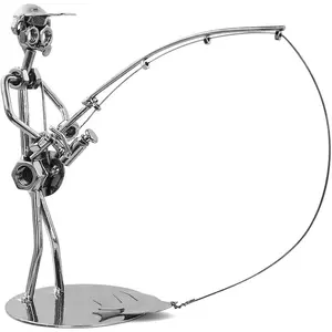 Creative Fisherman Iron Statue Metal Sculpture,A Man with Fishing Rod and A Removable Fish Statue Ornament Figurine for Father's Day Birthday Christmas Dad Man Boy Gift Office Home Desk Decor