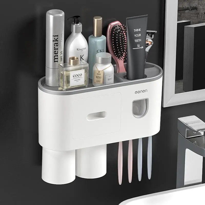 No-Drill Wall-Mount Toothbrush Holder with Auto-Dispensing Toothpaste, 2-Slot Magnetic Cup & Makeup Box, Extra-Large Capacity Bathroom Storage Organizer (Dispenser & Mount Toothbrush Holders for Home Use), Auto-Dispensing Toothbrush Holders