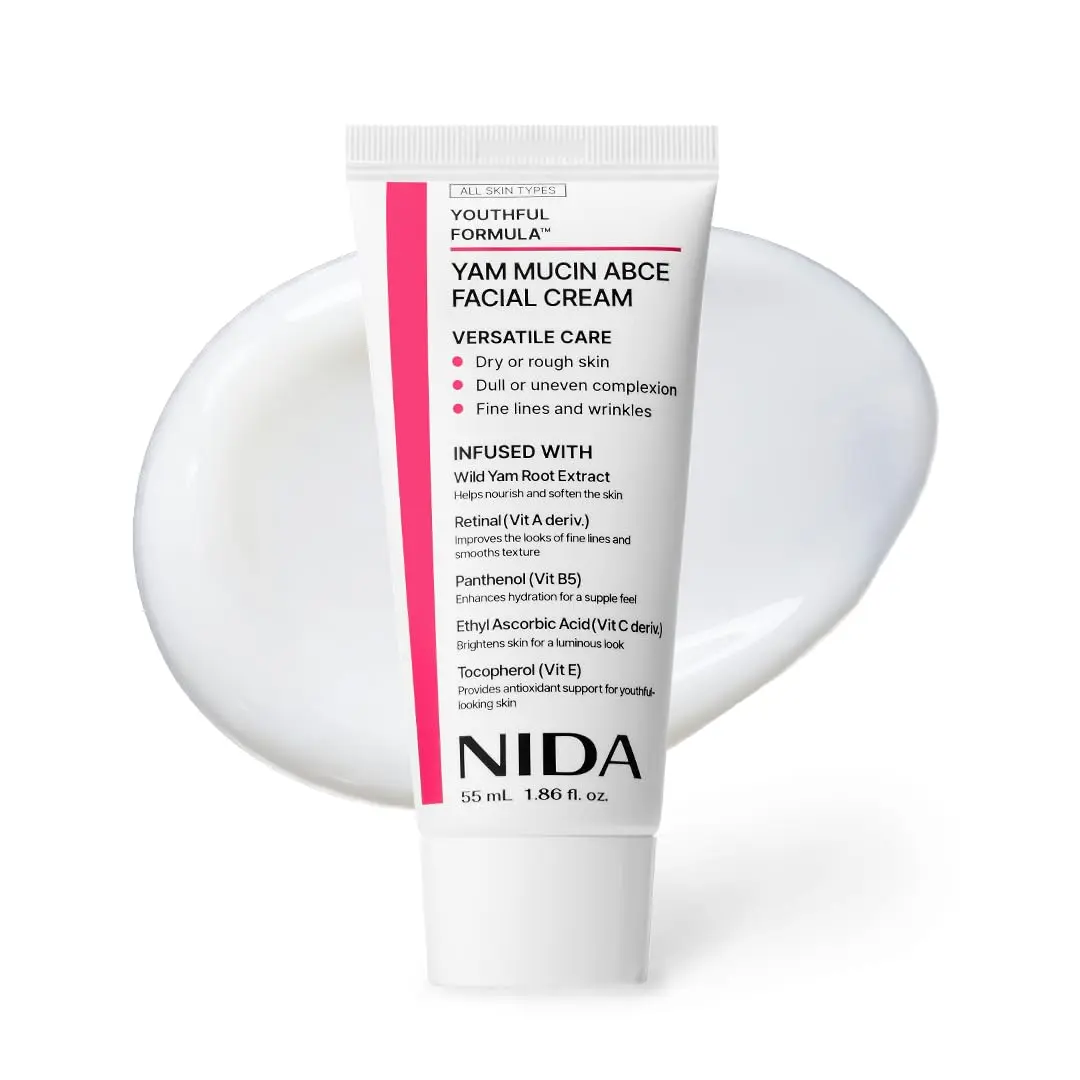 NIDA Youthful Formula™ Yam Mucin ABCE Facial Cream | Wild Yam Root Extract, Retinal, Panthenol, Ethyl Ascorbic Acid, Tocopherol | Hydration, Wrinkles, Dry Skin | 1.86 fl. oz., 55ml