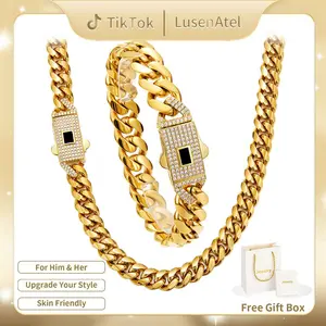 14K Gold Plated Cuban Link Chain Set for Men & Women, Iced Out CZ Diamond Clasp, Hip Hop Jewelry, Stainless Steel Cuban Necklace Bracelet, Unisex Gold Chain, Rapper Jewelry, Gift for Him/Her