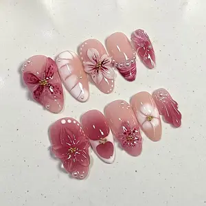Handmade Pink Floral Patch Nails | 3D Carved Flowers, Nude Blush Gradient, Reusable Salon-Grade False Nails