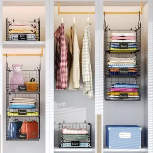 3-Tier Hanging Closet Organizer with 5 Hooks, Wall Mount, Foldable Wire Storage Basket for Clothing, Sweaters, Handbags & Racks Hangable
