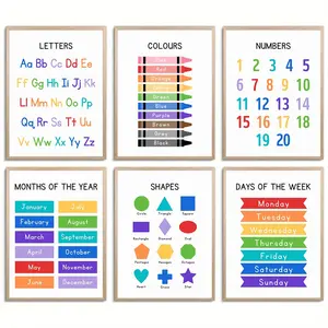 6pcs Unframed 2D Flat Educational Posters, Learning Canvas Painting Prints, Alphabet Learning Chart, Kindergarten School Homeschool Supplies, Abc Alphabet Days of the Week