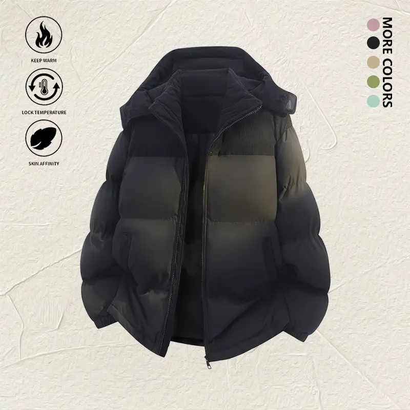 men Corduroy Collar Cropped Puffer Jacket Warm Windproof Loose Bubble Coat Soft Skin Friendly Winter Short Padded Outerwear Multiple Colors