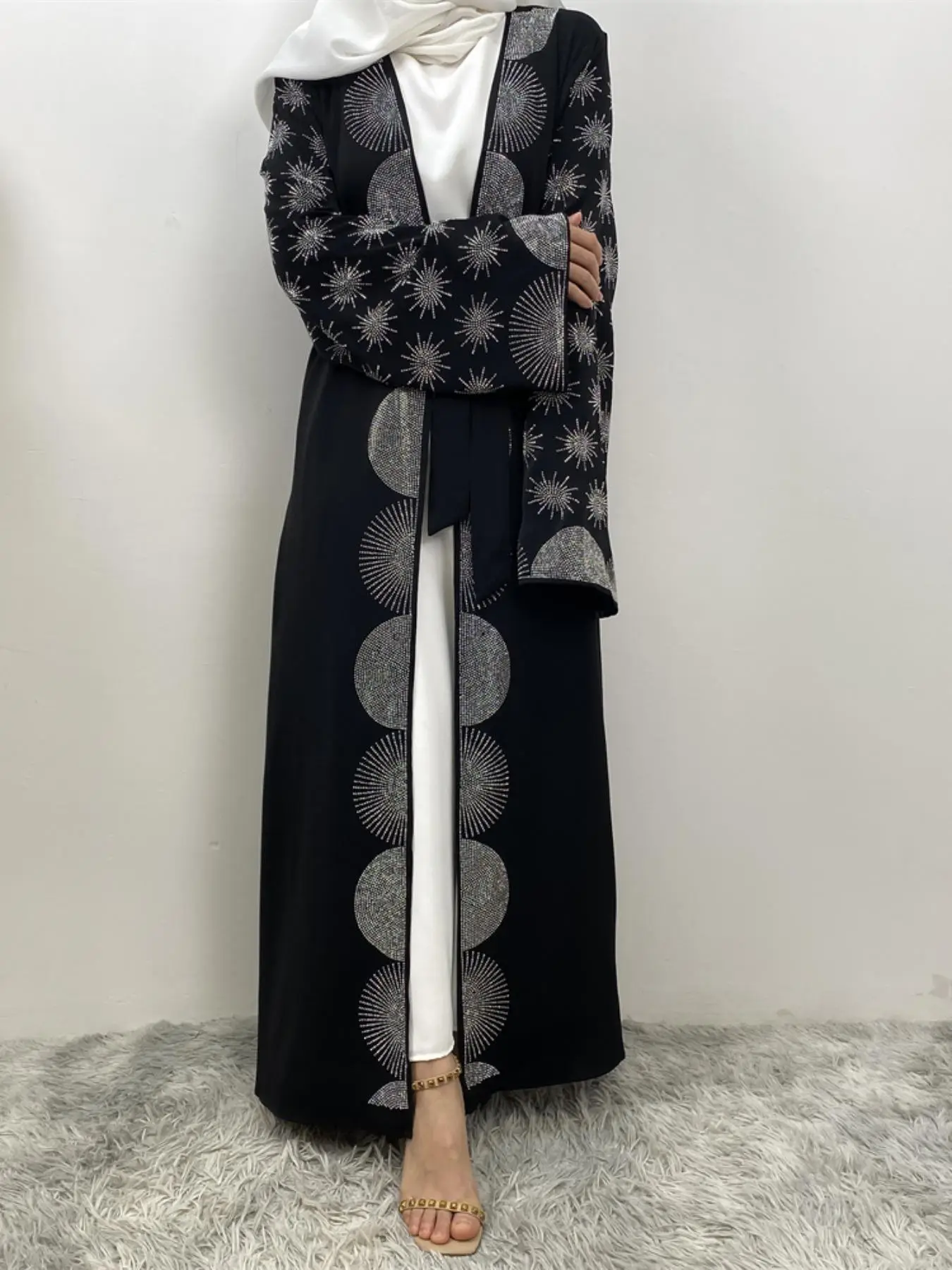 Women's Rhinestone Decor Belted Abaya, Modest Long Sleeve Abaya for Daily Wear, Ladies Islamic Clothing for All Seasons