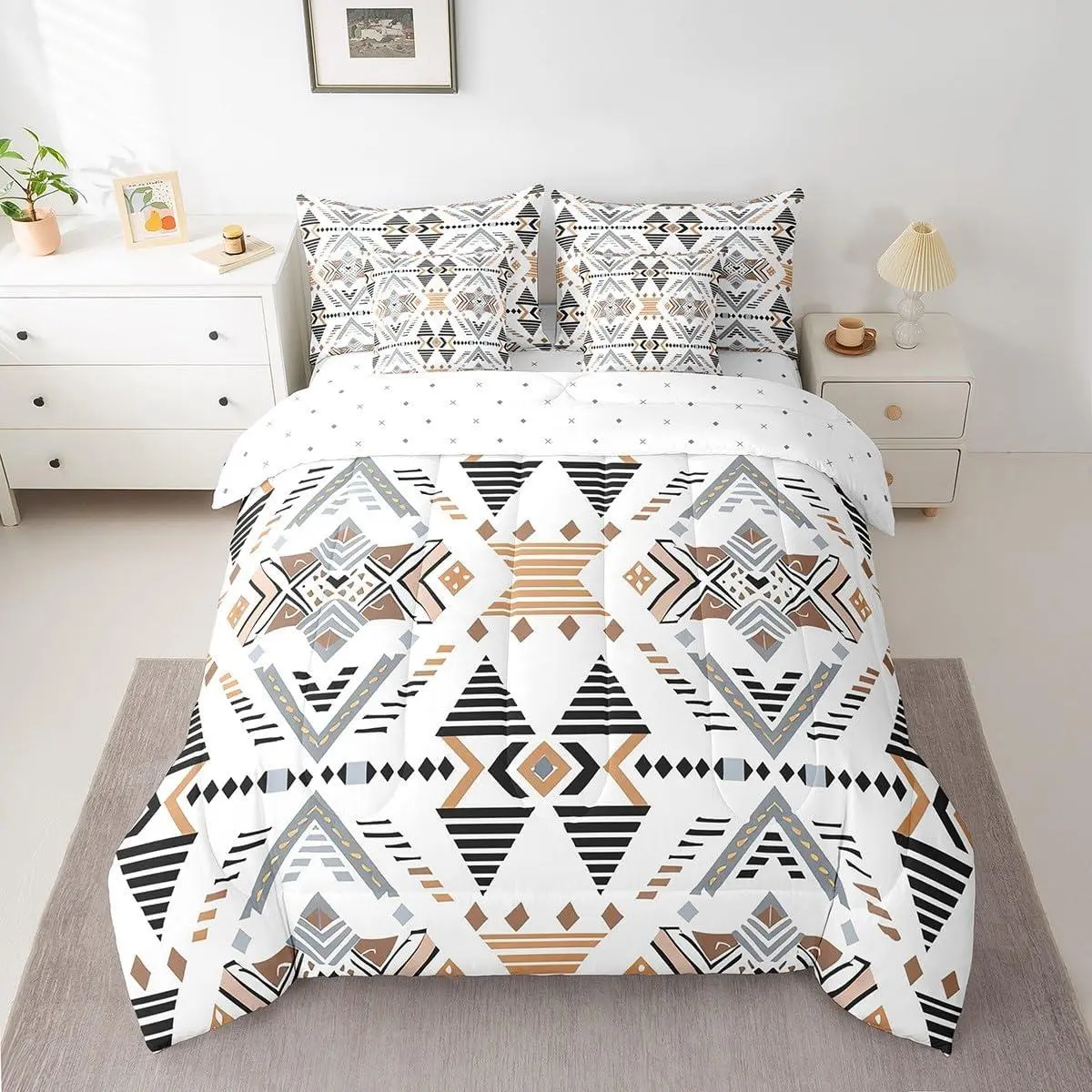 White Southwestern Bedding Set Geometric Comforter Set 7 Pieces Tribal Native American Indian Design Bed in a Bag Exotic Style Stripe Line Bed Set with Comforter Sheet Set Pillowcases