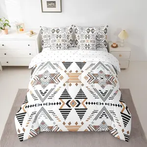 White Southwestern Bedding Set Geometric Comforter Set 7 Pieces Tribal Native American Indian Design Bed in a Bag Exotic Style Stripe Line Bed Set with Comforter Sheet Set Pillowcases