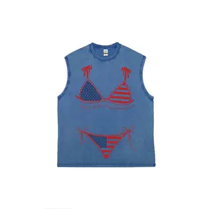 Retro vacation style National flag-themed bikini Unisex Plus Size Summer Graphic Tees Personalized Pattern Y2k Clothing Round Neck Short-Sleeved Washed Vests,Women's Clothing 100% Cotton, Menswear, Top, Vintage Style, Casual Oversized