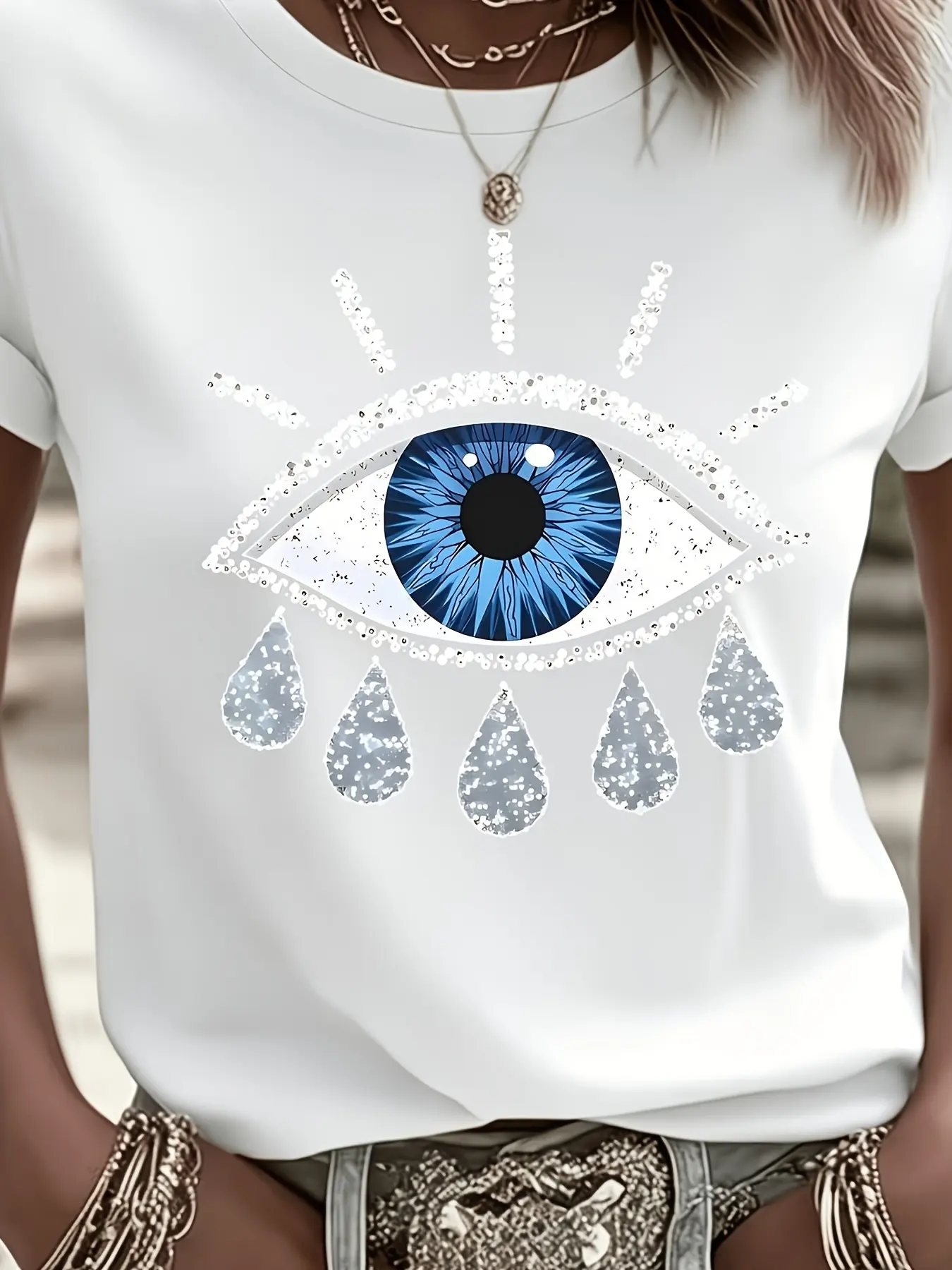 Stylized Soft Shine Evil Eye Print White Short Sle