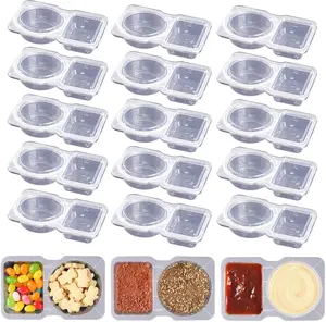 15 Sets Double Compartment Condiment Containers with Lid, Transparent Small Plastic Dipping Containers for Condiments or Dips, Sauce Snack, Salad Dressing, Sampling, Travel Snack
