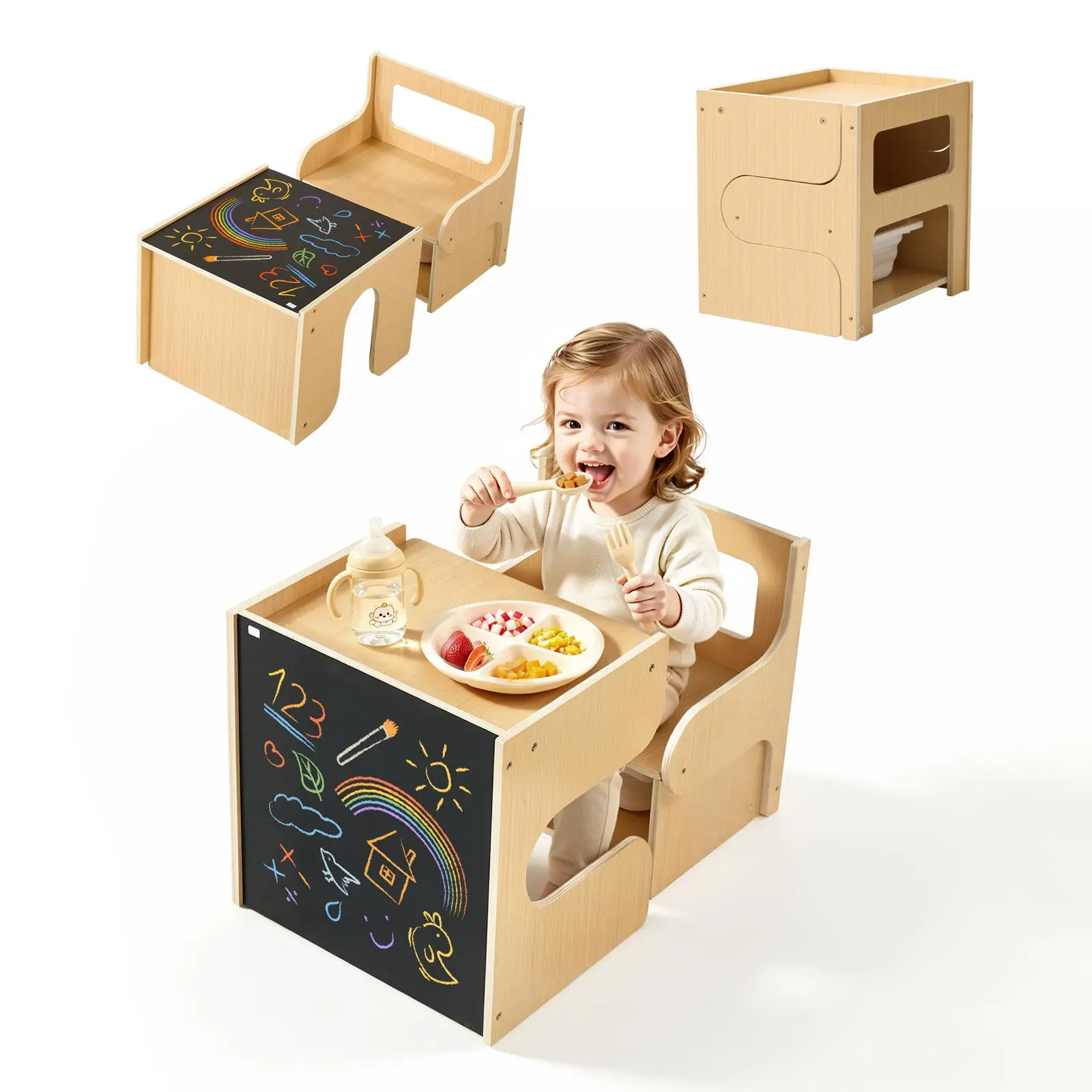 【SummerFinds】VEVOR Montessori Weaning Table and Chair Set, Wooden, Kids Table and Chair Set for Toddlers 1-5, Step Stool with Blackboard and Storage Space, Easy to Clean, for Eating, Drawing, Reading, Playing