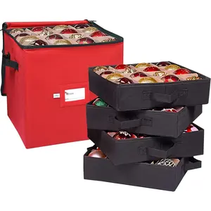 Christmas Ornament Storage Box 4 Individual Trays Xmas Storage Container Fits 64 Ornament Decoration Balls Durable Polyester Material Red