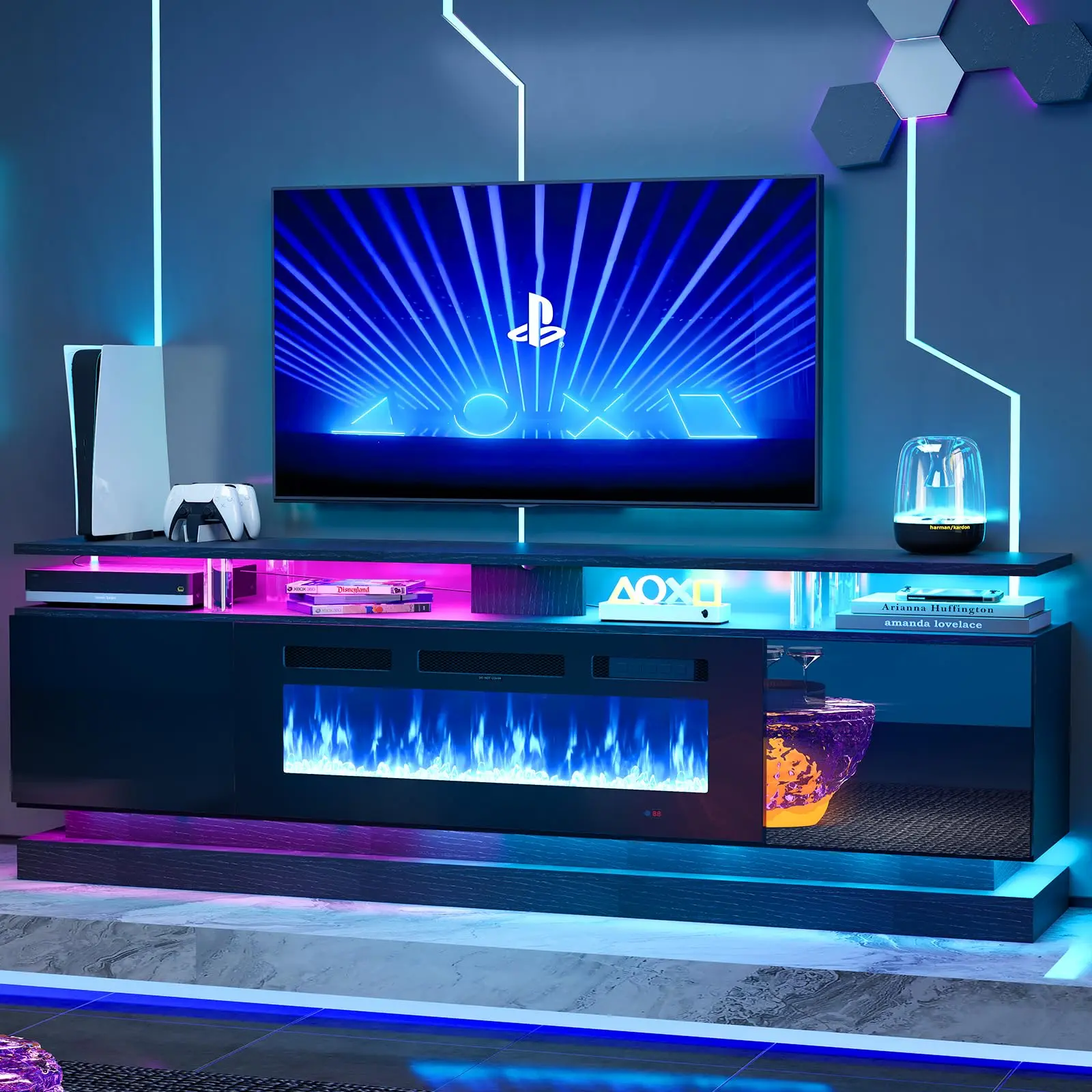 Aoxun TV Stand with Fireplace and 2 End Tables, 3-Piece Modern Living Room Furniture Set, Entertainment Center with 1500W Electric Fireplace and Remote Control, Black
