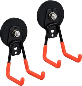 Heavy Duty Magnetic Garage Hooks, Strong Large Magnet Hooks for Power Drill, Garden Tools, Hose, Pegboard, Garage, Workshop, 2 Pack Magnetic Storage Holder for Indoor Outdoor Hanging (Orange)