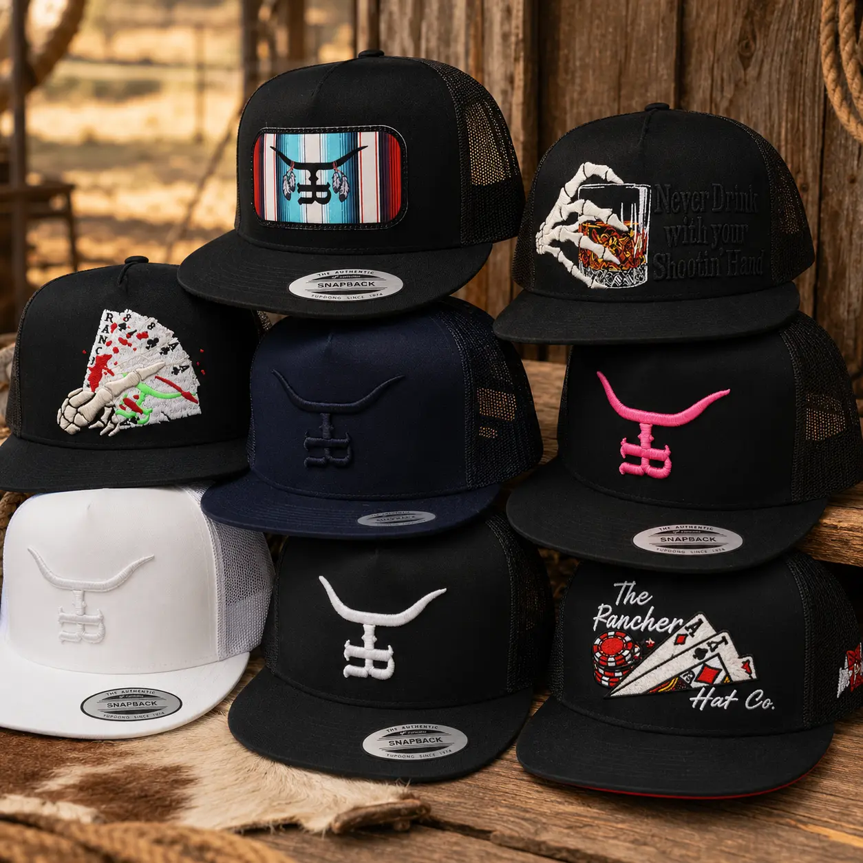 [ Combo Buy 2 For 1 Price ] TheRancherHat Trucker Hat, The Rancher Hat Co Snapback Cap, Western Cowboy Rodeo Hat, Poker Cards Skeleton Hand Mesh Cap