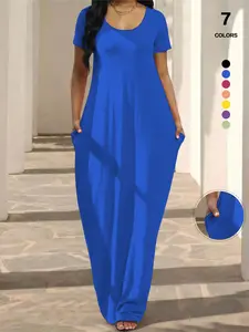Plus Size Women's Solid Color Dress, Sexy Round Neck Short-Sleeved Long Dress, European and American Summer New Arrival, Casual Style