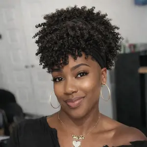 VOSILK Afro Black Headband Wig Short Afro Wigs for Black Women Synthetic Kinky Curly Headband Wig with Bangs for Women Natural Afro Puff with Bangs Turban  Wig Curly Afro Wig 8inch