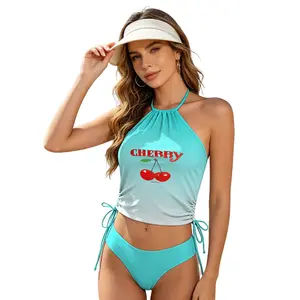 Women’s 2-Piece Cherry Print Halter Top Tankini Swimsuit Set - High-Stretch, Wrinkle-Resistant, Modest Halter Tops Swimwear for Plus Size Swimsuits (XS-XXL)