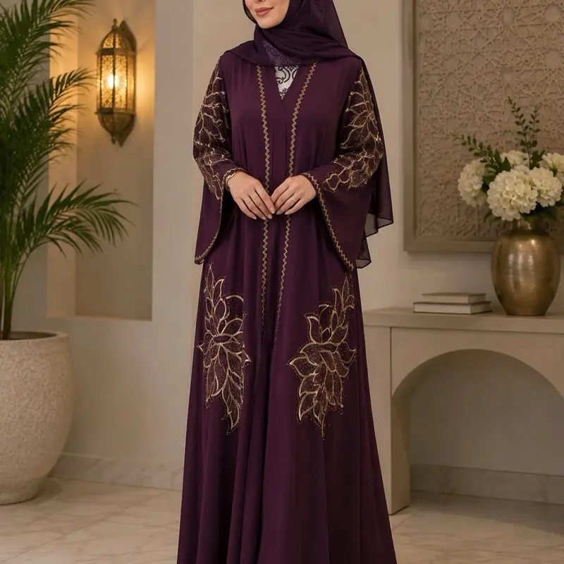 Women's #45 Dubai Luxury 1-Piece V-Neck Long Sleeve Beaded Abaya with Matching Hijab, Modest Fashion for Hijabi Fashion Enthusiasts