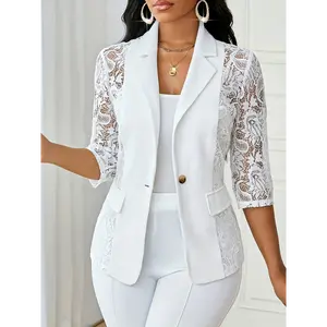 Stylish Contrast Lace Open Front 3/4 Sleeve Blazer - Perfect for Spring & Fall, Casual Chic Women's Clothing with Elegant Lace Details and Comfortable Fit - Ideal for Daily Wear, Work, or Special Occasions