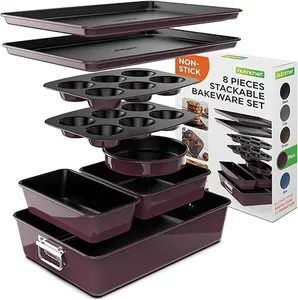 NutriChef 8-Piece Nonstick Stackable Bakeware Set - PFOA, PFOS, PTFE Free Baking Tray Set w/Non-Stick Coating, 450°F Oven Safe, Round Cake, Loaf, Muffin, Wide/Square Pans, Cookie Sheet (Plum)