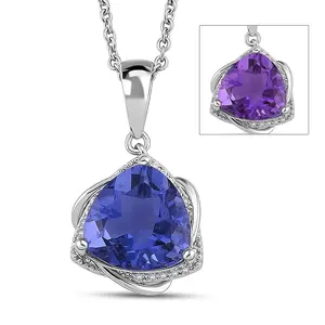 Color Change Fluorite IR and Moissanite 7.60 ctw Pendant in Platinum Plated with Stainless Steel Necklace 20 Inches