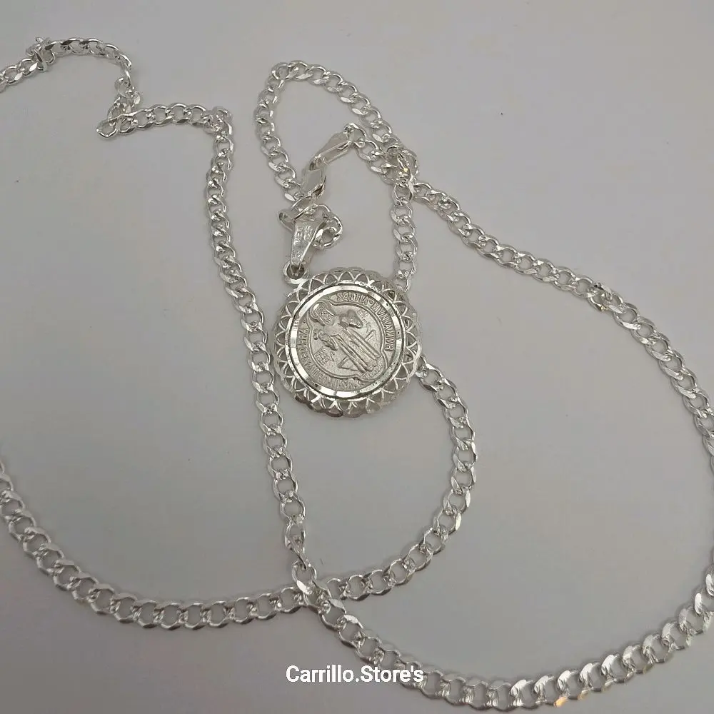 SAINT BENEDICT/SAN BENITO sterling silver 925 stamped 22"inches Cuban link style 3mm
