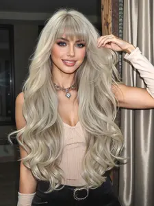 30 Inch Long Wave Platinum Color Soft Synthetic Hair Wig with Bangs, Synthetic Fiber Wig, Realistic Synthetic Hair for Everyday Wear, Comfortable Fit for All Occasions, Synthetic Curly Wigs