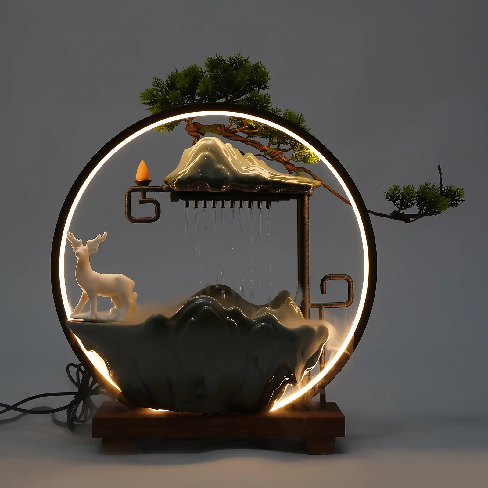 Incense Burner Decor with Mist, LED Light, Backflow Incense, Ideal for Meditation, Feng Shui Decor Fake Plants Feng Shui Decor for Good Luck Wealth