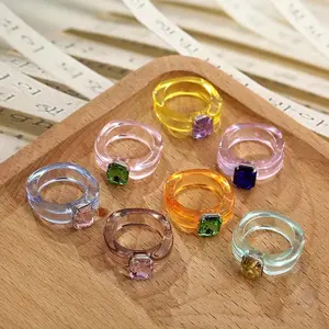 2021 Trend Colorful Ladies Resin Emo Ring Vintage Simple Acrylic Ring with Rhinestones Geometric Hip Hop Plastic Ring Jewelry
