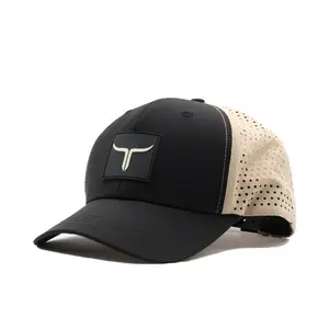 Cattle Ranch Trucker Hat, Black/Khaki, Adjustable Snapback, Curved Brim, Flexible Fit, Performance Rear Panel, Patch Logo Suede Under Brim