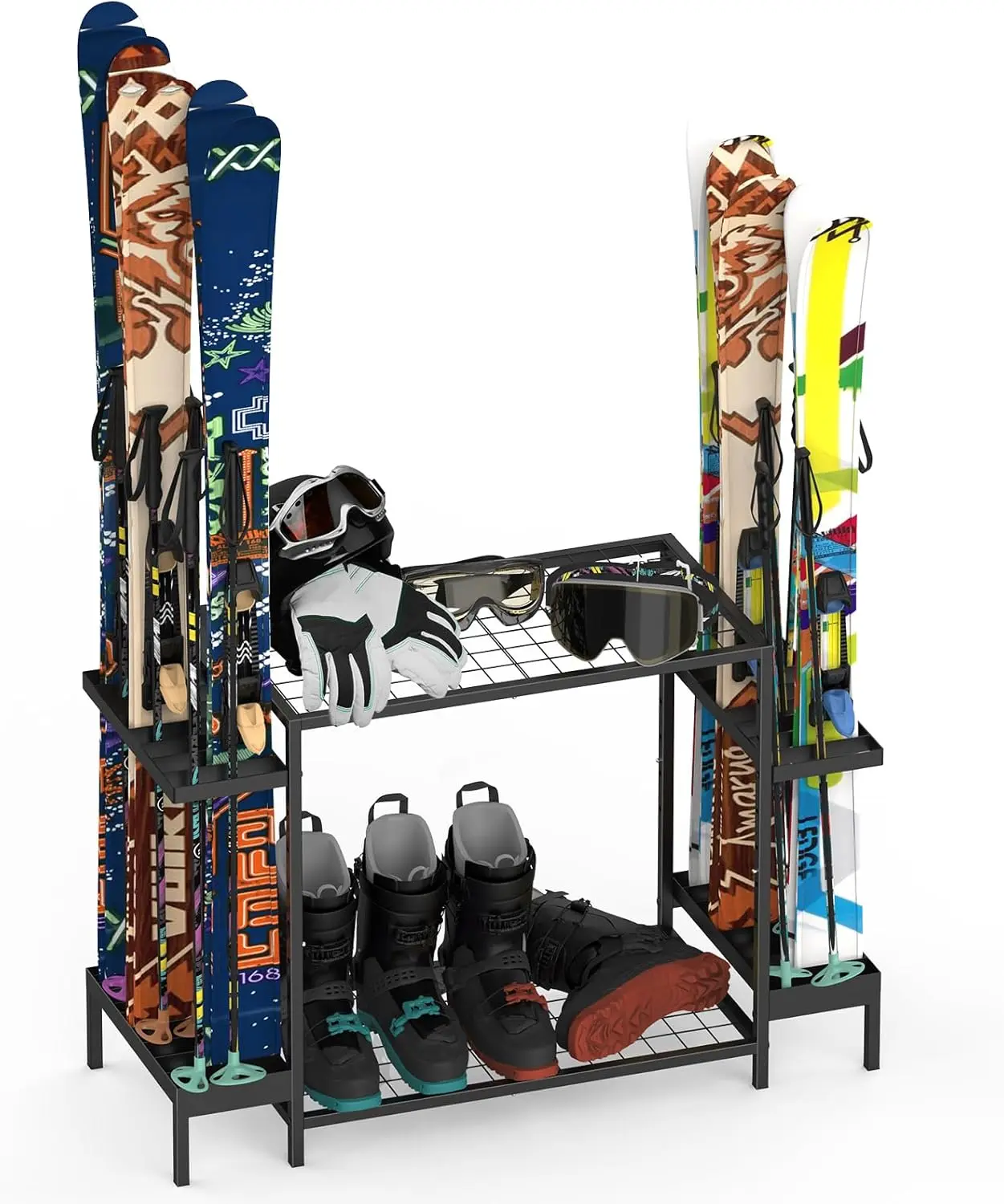Freestanding Ski and Snowboard Rack, Sturdy Metal Storage for 6 Pairs, All-Season Convertible Sports Gear Station with Chalet Indoor Accessory Display Tray and Side Compartments for Home or Garage