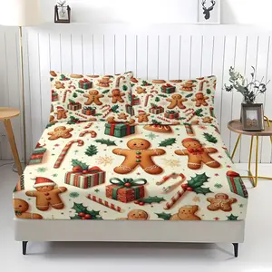 3-piece Christmas gingerbread man patterned bed sheet set, including 1 bed sheet and 2 pillowcases, anti slip dust cover suitable for bedrooms, suitable as a Christmas holiday gift