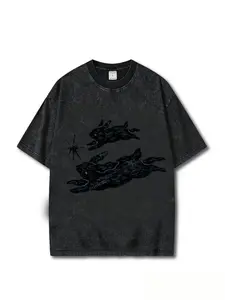 washed cotton, running bunny printed T-shirt, high-quality batik cotton retro fashion brand T-shirt, unisex T-shirt, popular T-shirt for daily wear, holiday gifts, perfect gifts