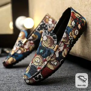 Mens Shoe Men's Trendy Color Block Bear Pattern Slip On Loafer Shoes, Comfy Non Slip Casual Durable Rubber Sole Canvas Walking Shoes, Men's Footwear