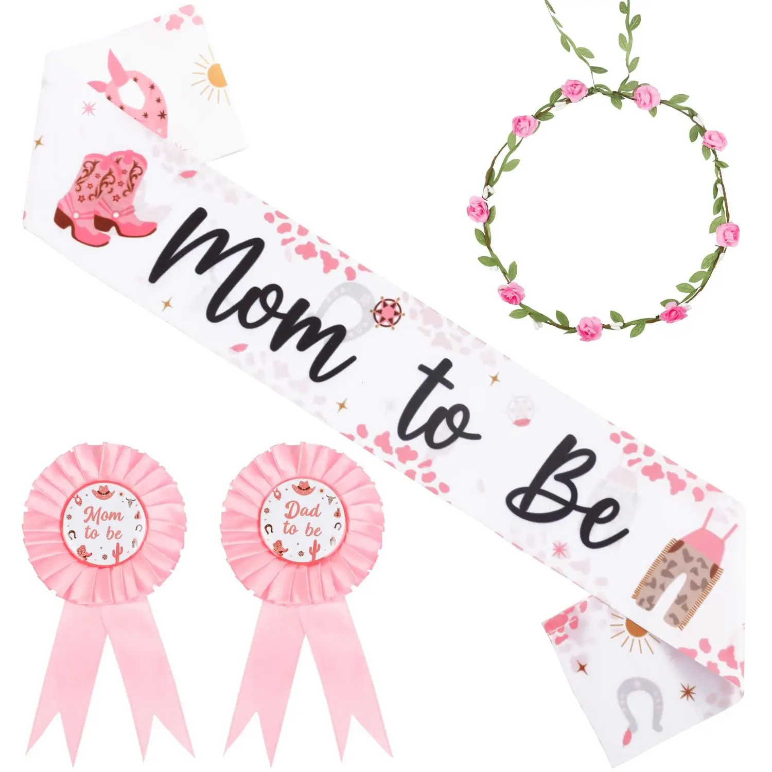 1Set Cowgirl Baby shower Sash and Pins Set Western Baby Shower Decorations Mom Dad To Be Sash Mom Dad To Be Pin Flower Headband for Western Cowgirl Cowboy Gender Reveals Party Pregnancy Props
