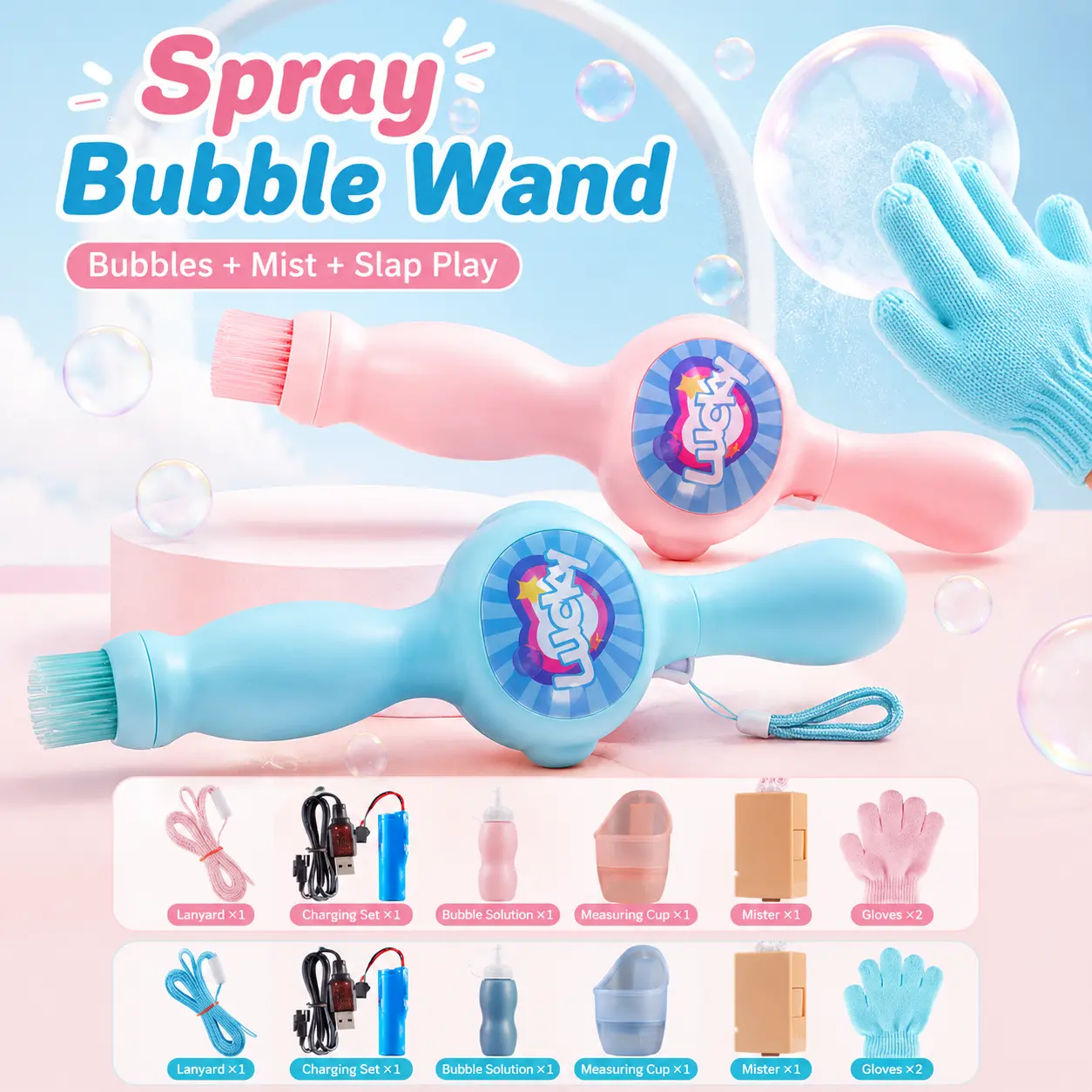 Mist Bubble Wand Toy for Kids, Rechargeable Fog Bubble Maker with Gloves, Light-Up Outdoor Bubble Toy for Summer Party Birthday Gift, Ages 3+