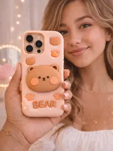 Cute Bear Silicone Case for iPhone 16 Pro, 3D Kawaii Design with Pop-Out Grip, Shockproof, Peach