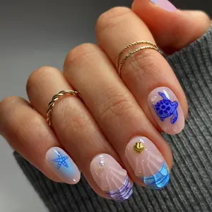 24pcs Short Oval Press-On Nails Blue French Style, Star Turtle Shell Design, Y2K Cute Ocean Elements, Acrylic False Nails Nail Tips Art for Women and Girls