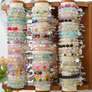 11/22pcs Fashionable Cute Elegant Butterfly Charm Glass Bead Bracelet For Women, Colorful Elastic Cord Adjustable Valentine'S Day Jewelry Gift, For